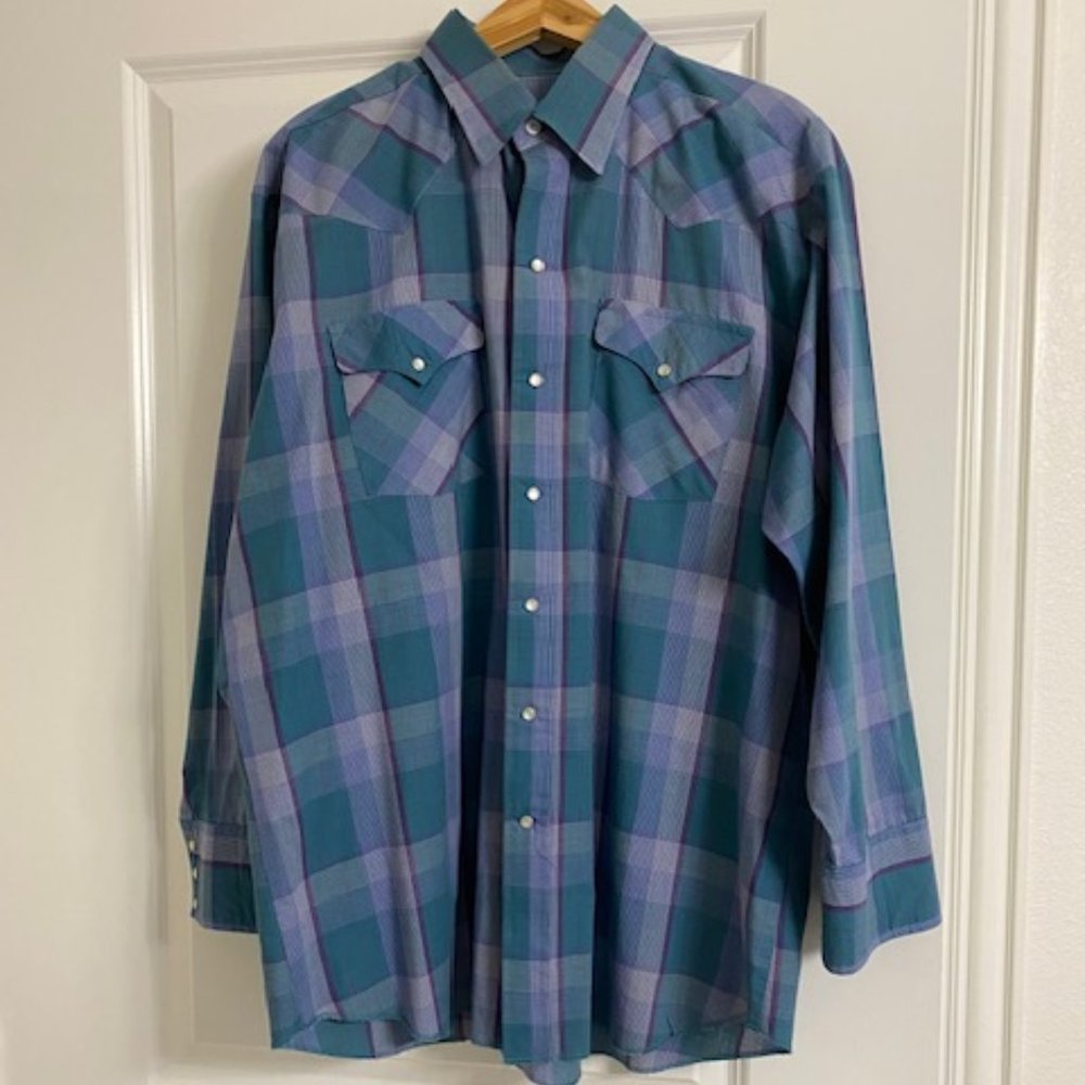 Vintage RANCH & TOWN Western Shirt PEARL SNAPS *Teal & Purple Plaid* 17-1/2 / 34